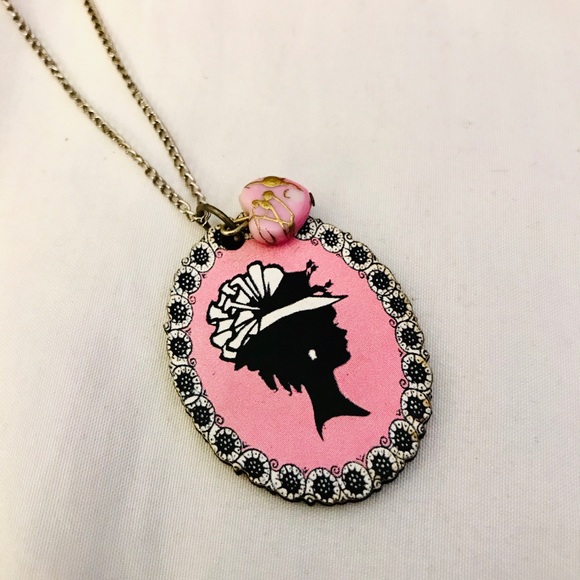 Jewelry - French wooden portrait pink heart necklace